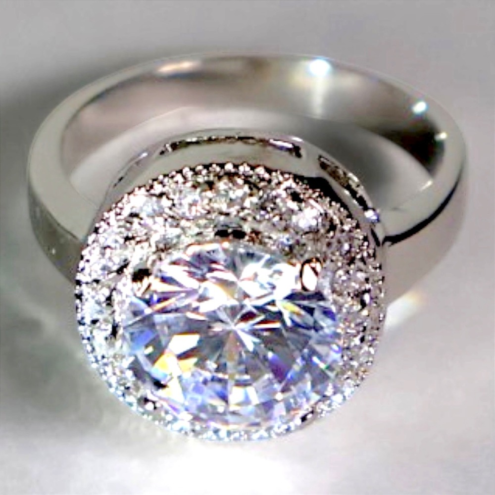Swarovski Crystal Halo Ring Silver Overlay Brass Size 8 Round Cut Pave New